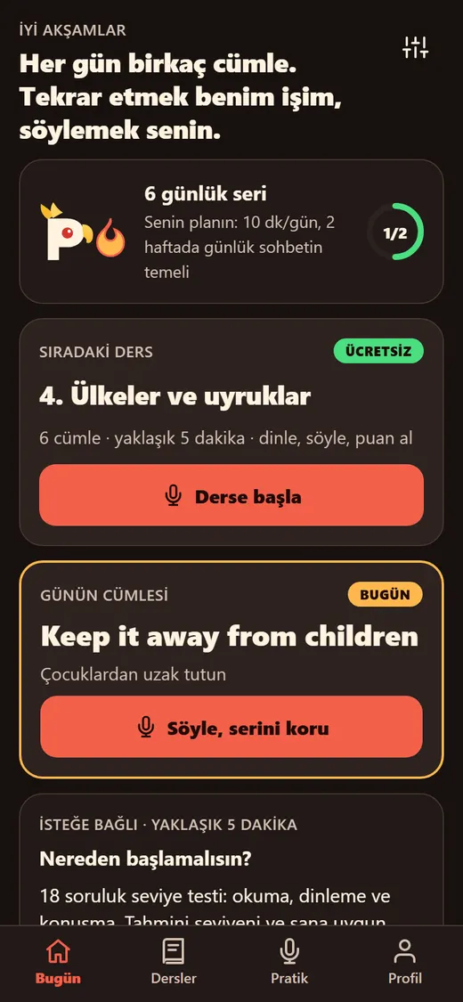 Parlu ana ekranı: günlük seri, sıradaki ders ve günün cümlesi