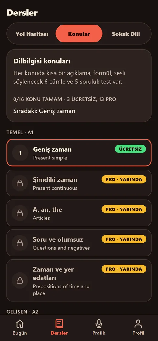 Parlu Konular ekranı: dilbilgisi konuları listesi