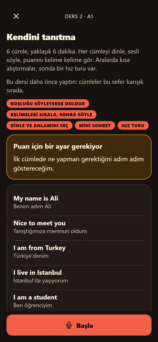 Parlu ders ekranı: Kendini tanıtma dersinin cümleleri